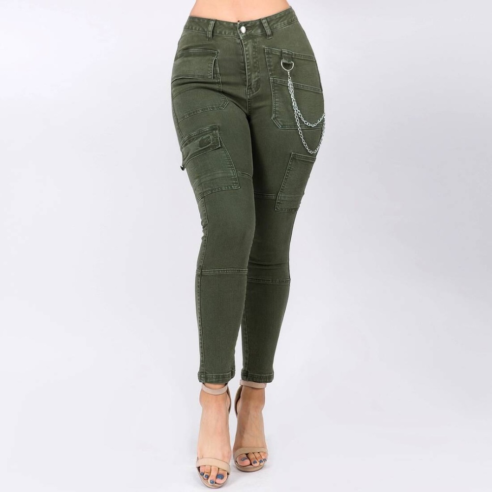 HIGH WAIST SKINNY PANTS WITH CHAINS (Olive)